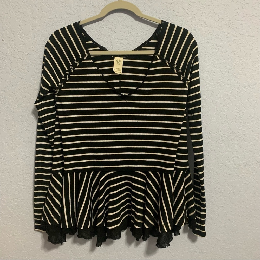 We The Free Black And White Stripe Peplum Long Sleeve Top